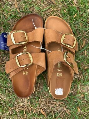 Birkenstock Tan Suede / leather Double Buckle Sandals with Gold Buckles
